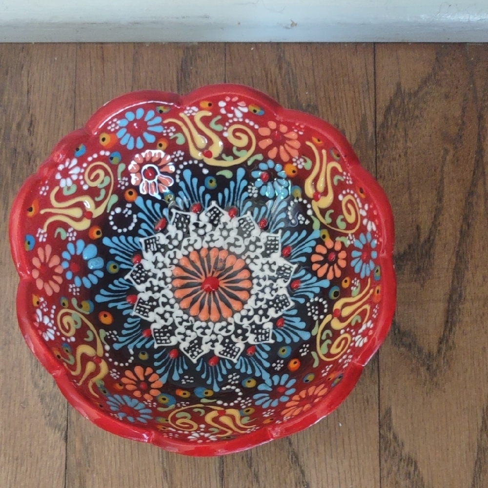 Red and Black Handmade Ceramic Art Bowl with Intricate Design